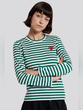 Comme des Garcons Play Green Striped Long Sleeve Tee. Unisex. Size L